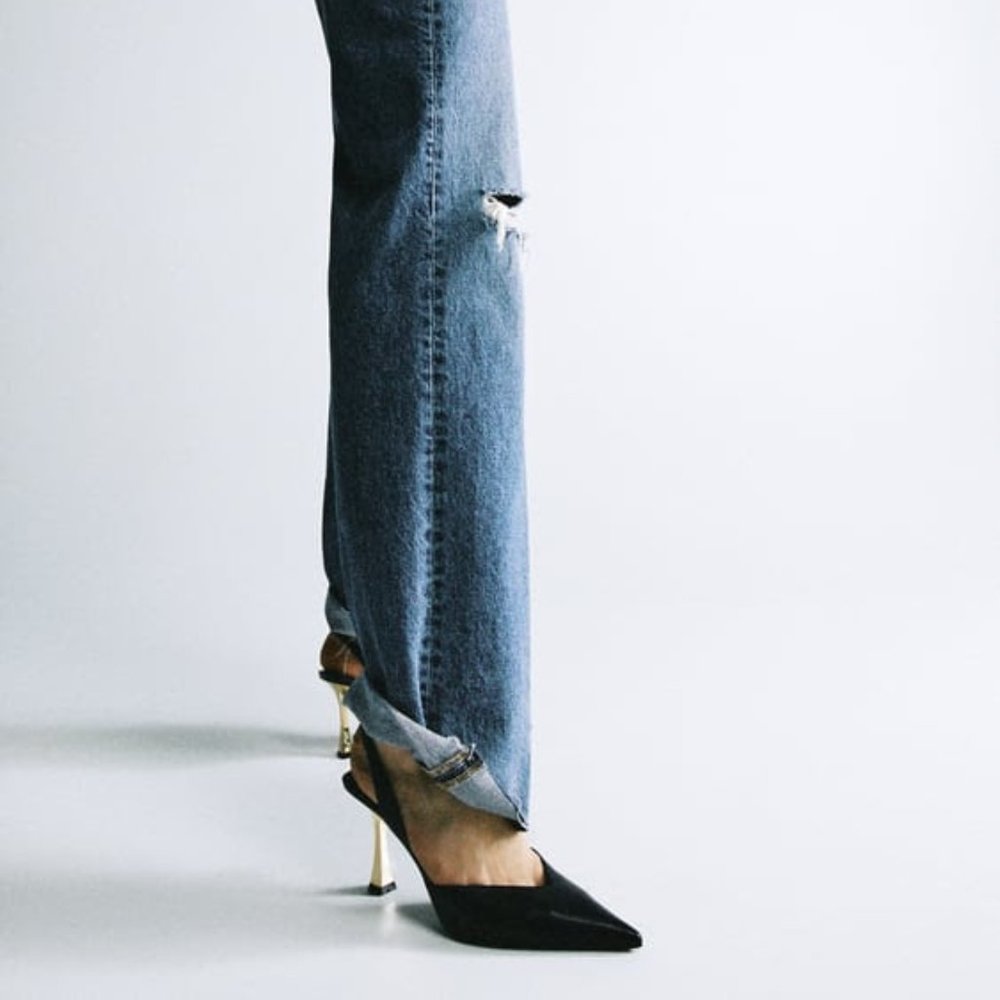 ZARA METALLIC SLINGBACK HIGH HEELED SHOES; Size: 36; Color: Black/ Gold